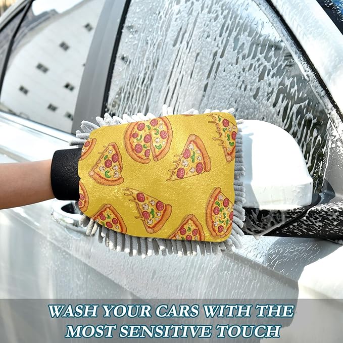 Qilmy Sliced Pizzas Microfiber Chenille Car Wash Sponge Scratch Free Car Wash Mitt Absorbent Mitt Sponge for Trucks SUVs Car Washing Home Cleaning, Medium