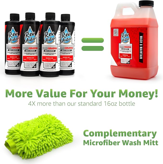 Rev Auto Vinyl Wrap Car Wash Soap Kit - Includes 64oz Car Wash Soap For Vinyl Wrap & Microfiber Wash Mitt | Works in Foam Cannon & Bucket Washes | pH-Balanced, Safe For All Finishes
