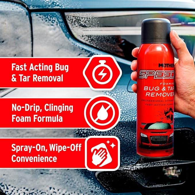 Mothers Speed Foaming Bug & Tar Remover, 18.5 oz. Aerosol — Fast-Acting, No-Drip Foam for Bug Splatters, Bird Droppings, Tar, Sap & Road Grime — Safe on Paint, Chrome, Glass, Plastic, PPF (16719)