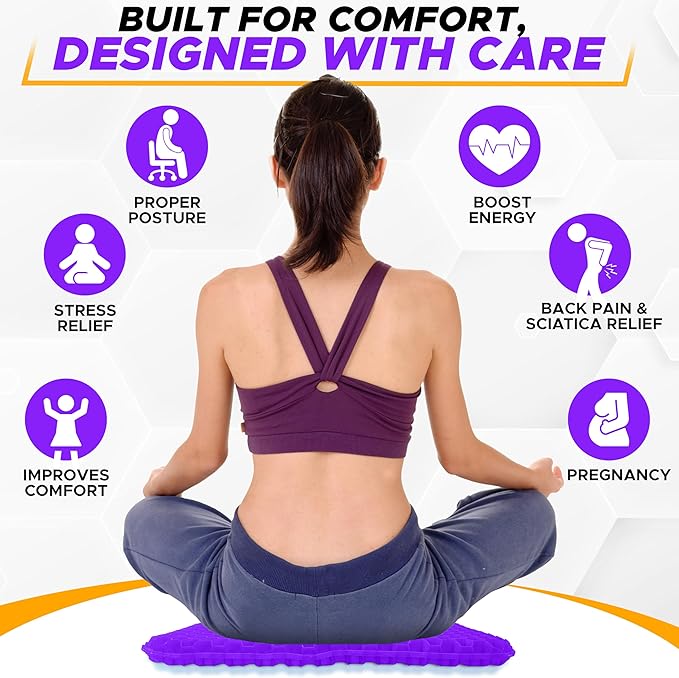 EcoNour Gel Seat Cushion for Long Sitting (Large & Thick) - Pressure Relief Honeycomb Support for Back, Sciatica, Coccyx, Hip & Tailbone Pain | Seat Pad for Office Chair, Wheelchair & Car