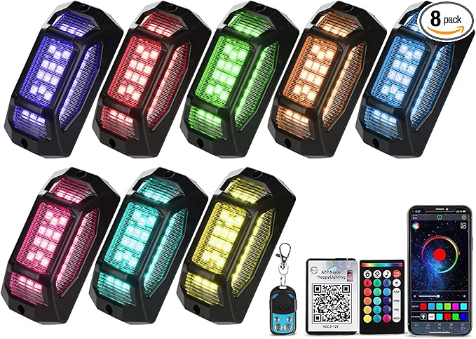 RGB Rock Lights for Trucks, 8 Pods 5-Sided LED Underglow Lights with App/RF Remote Control, 160° Wide Angle Music Sync Neon Exterior Light Kit, IP67 Waterproof, No-Drill for Jeep SUV ATV UTV Boat