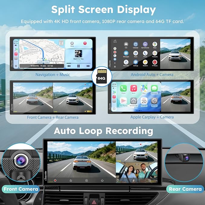 CARPURIDE W125S 11.26 Inch HD Wireless Carplay & Android Auto Screen, 4K +1080P+1080P Dash Camera for Cars with 64GB Card, with Loop Recording, Bluetooth, Voice Control, GPS, FM, Super Link