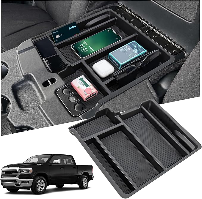 Center Console Organizer Compatible with 2013-2024 Dodge RAM 1500/1500 Classic, 2013-2026 RAM 2500/3500 Accessories, Armrest Storage Box Tray (Only fit for Jump Seat with Three Cup Holders)