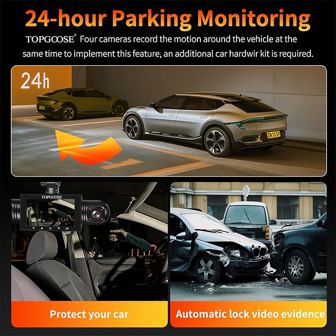 4 Channel Dash Cam 360° View, TOPGOOSE 2K Front and Rear Inside, Left Right Dash Camera for Cars, 5G WiFi & APP Control, with 64GB SD Card, G-Sensor, Night Vision, 24H Parking Mode