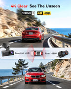 REDTIGER Dash Cam 4K Front and 1080P Rear, STARVIS 2 Sensor, 5.8GHz WiFi (20MB/s), GPS, WDR & HDR Night Vision, 170°Wide Angle, Parking Mode, Loop Recording with Emergency Lock(SD Card Not Included)