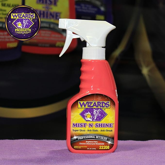 Wizards Mist-N-Shine Detail Spray - 8 Oz - Multi-Purpose High Gloss Finish Waterless Quick Detailer Spray for Glass, Chrome, Paint and Plastics - Car Exterior Cleaner for Auto Detailing Supplies
