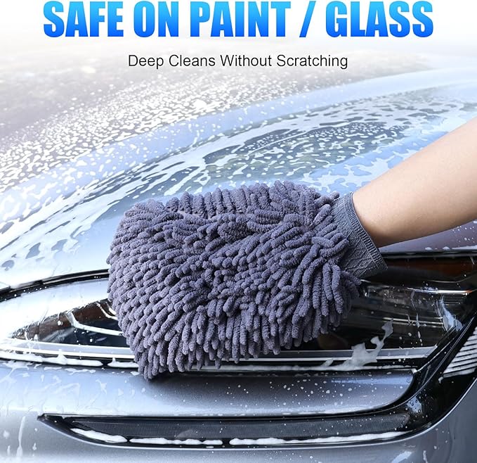 Premium Car Wash Drying Mitt, Car Wash Mitt Scratch Free, Car Sponge Wrapped in Soft, Machine Washable (2Pack) (Grey)