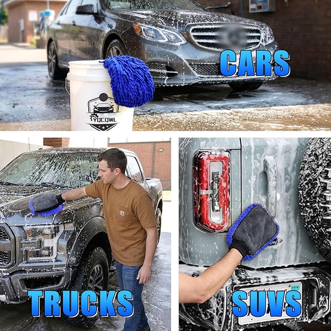 Premium Car Wash Drying Mitt, 2-in-1 Dual-Side Chenille Microfiber Gloves for Auto Detailing, Car Sponge Wrapped in Soft, Machine Washable (2Pack) (Blue)