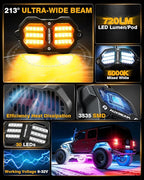 Auxbeam 4-Pod RGB LED Rock Lights with Brake Mode 213° Dual-Side Lighting Dynamic Color Changing Underglow Kit w/Bluetooth APP+Remote Control Music Voice Sync Waterproof for Truck ATV 1 Year Warranty