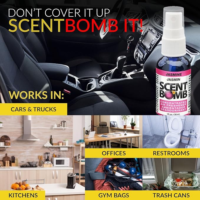 Scent Bomb Air Freshener Spray, Long-Lasting Odor Eliminator - Effective Deodorizer for Home & Car, Fresh Room Spray for Kitchen, Bathroom & Smell Neutralizer - 1 oz Pack of 4, Jasmine Scent