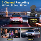 4K+2K+2K 3 Channel Dash Cam Front and Rear with 128GB Card, Dash Camera for Cars 5.8G/2.4G Dual WiFi, Built-in GPS, Night Vision, WDR, 170°Wide Angle, Emergency Lock, 24H Parking Monitor, Deep Black