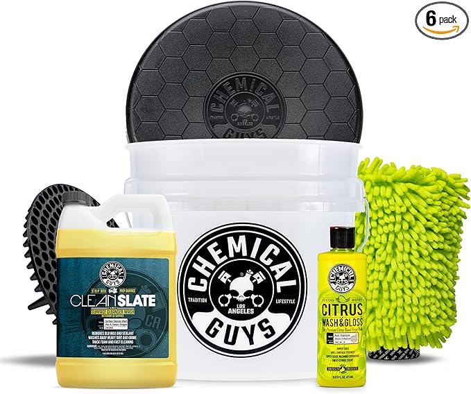 Chemical Guys CWS803BK Car Wash Detailing Bucket, Mitt & Accessories Bundle (6 Items) Featuring Clean Slate Deep Surface Cleaning Car Wash Soap, 128 oz (1 Gal) - for Cars, Trucks, SUVs, RVs & More