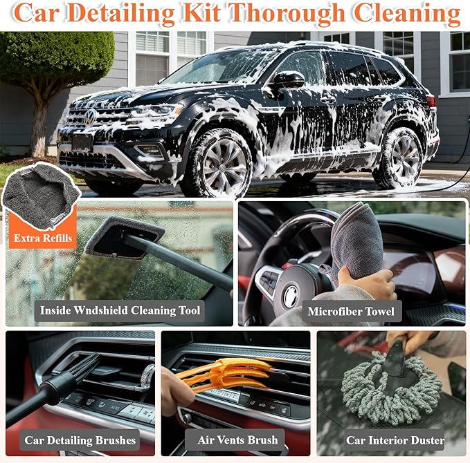 21Pcs Car Wash Kit with 60" Heavy-Duty Extension Pole, Soft Car Wash Brush, Wheel & Tire Brush, Scratch-Free Car Mop Mitt & Window Squeegee, Detailing Tool for Car Exterior & Interior Cleaning