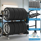 Tire Storage Rack 44" x 44" x 18" with Anti-Dust Cover, Rolling Adjustable Black Alloy Steel Tire Rack for Garage with 4 Swivel Casters & 2 Storage Shelves