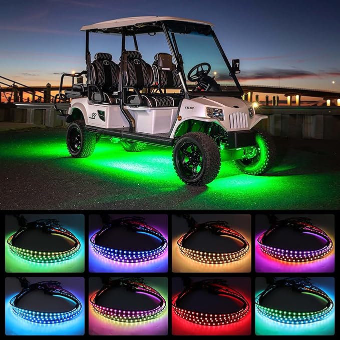4PCS Golf Cart Underglow LED Light Strip Dream Color Neon Accent Lighting Kit APP/Remote Control Sound Active Music Sync Waterproof 12V-65V Input Compatible with EZGO Yamaha Club Car
