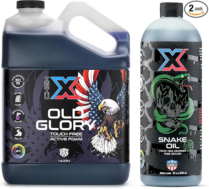 Chem-X Beginner Touch-Free Clean + Seal Bundle: Old Glory Touch-Free Active Foam Wash (1g) + Snake Oil Venom Graphene Ceramic Foam Sealant (32oz) - Removes Heavy Road Film & Grime