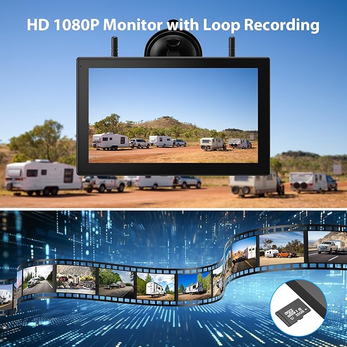 ZEROXCLUB 10.1" Magnetic Solar Wireless Backup Camera System, HD1080P Loop Recording 10.1 Inch Touchscreen Monitor with Quad RV Backup Cameras Wireless System for RV Trailer Tractor Truck, BL101