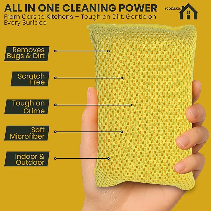 Iconikal 6-Pack Bug Scrubber Sponge 5.9x3.5-Inch Yellow Microfiber Large Car Wash Reusable for Paint Chrome Glass RV Motorcycle Cleaning