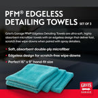 Griot's Garage PFM Edgeless Detailing Towels for Car Cleaning and Detailing, Scratch-Free, Machine-Washable, Small, 16” x 9”, Set of 3, 55527