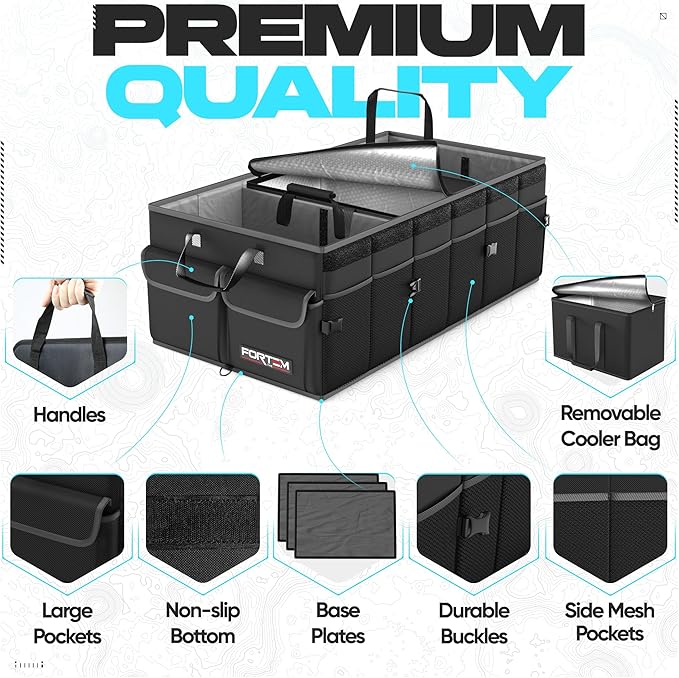FORTEM Trunk Organizer with Cooler For SUV Car Trunk, Foldable Storage, Car Accessories for Women Men, Collapsible Bag, Perfect Christmas Gifts, 600D Oxford, Non Slip Bottom, Straps, Soft Cover (105L)