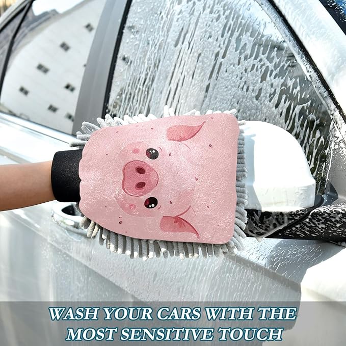 YETTASBIN Pink Pig 2PCS Car Wash Mitts, Ultra Absorbent Chenille Microfiber Car Washing Gloves, Scratch-Free Lint-Free Auto Cleaning Mitt, Machine Washable Elastic Cuff Car Wash Sponge