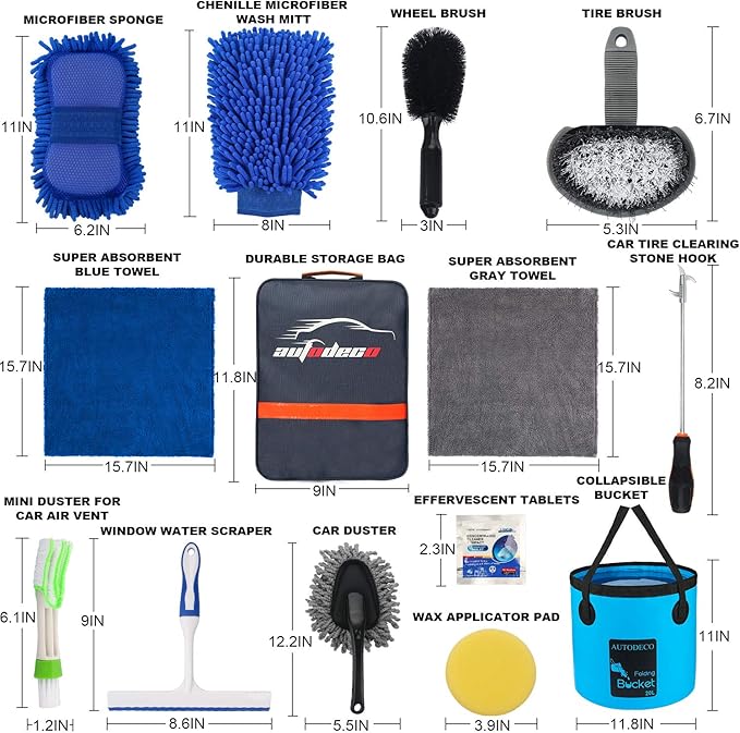 AUTODECO 22Pcs Car Wash Cleaning Tools Kit Car Detailing Set with Blue Canvas Bag Collapsible Bucket Wash Mitt Sponge Towels Tire Brush Window Scraper Duster Complete Interior Car Care Kit