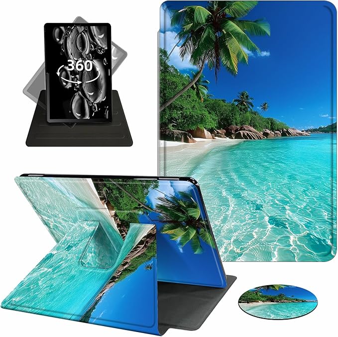 Case for Kindle Scribe,360 Degree Rotating Swivel PU Leather Stand Flip Folio Cover with Auto Wake/Sleep for Amazon Kindle Scribe Cover 10.2 Inch (2024/2022 Release),Green Sea Beach
