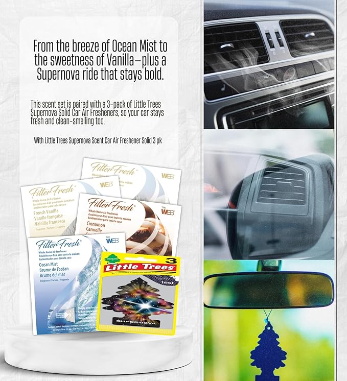 2x Web FilterFresh French Vanilla, Ocean Mist, and Cinnamon Scent Air Fresheners 0.8 oz Gel Bundle with Car Air Freshener – Attaches to HVAC Filters for Whole Home and Car Use – Gift Set (5 Items)