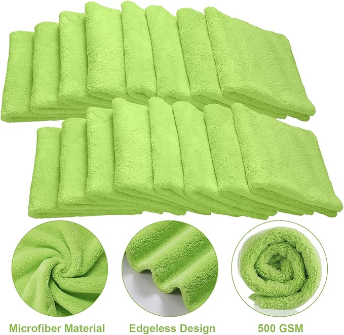 Shimeyao 30 Pcs Edgeless Microfiber Plush Towels for Cars Detailing Drying Wash Polishing Absorbent Cleaning Cloths, 500 GSM (16 x 16 Inch,Green)