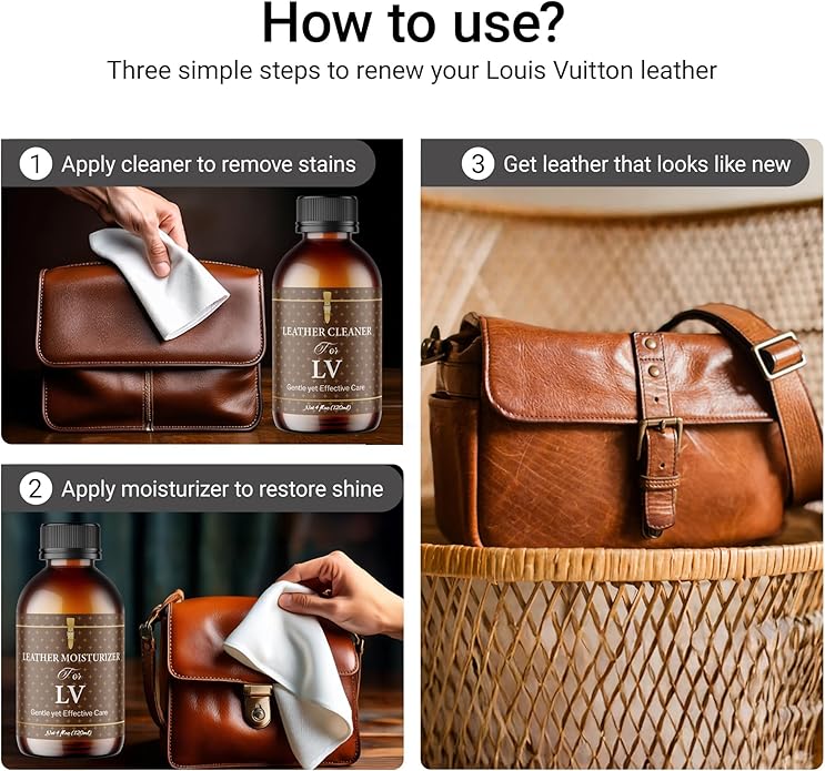 Leather Cleaner & Moisturizer Set for Louis Vuitton, Shine Your Louis Vuitton and Smell New, Gently Soften and Rejuvenate Vachetta Leather, Remove Stains & Cover Minor Scratches for All Luxury Brands