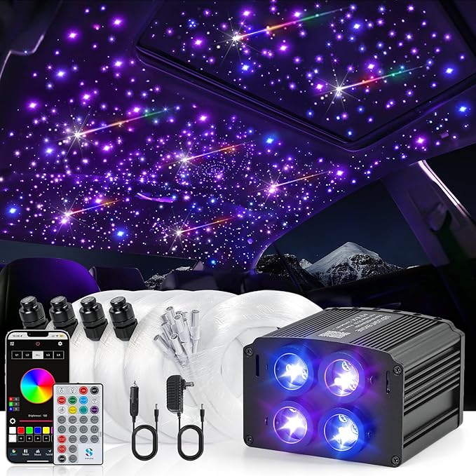 Car Starlight Headliner Kit, 4 Colors 32W Twinkle & Meteor Fiber Optic Ceiling Lights, 2 in 1 Light Engine 500pcs*0.03in*13.1ft+240 RGBW Shooting Stars Lights for Car Roof Décor