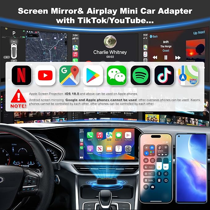 2026 Upgraded Wireless Carplay Adapter, 4 in 1 Screen Mirroring Support Mirror Link/AirPlay for Apple CarPlay & Android Auto