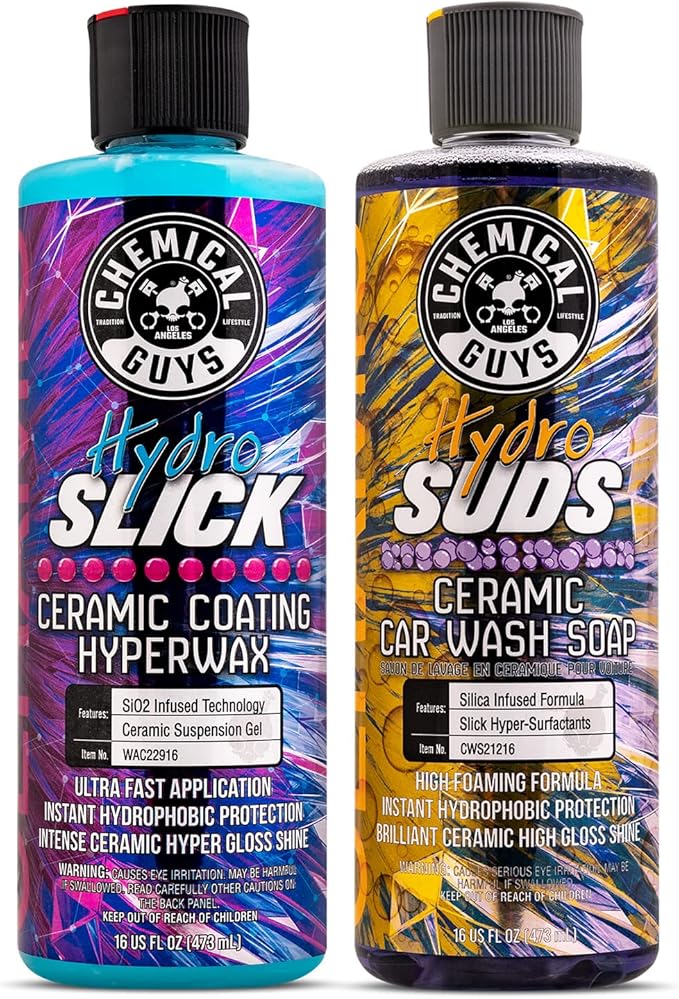 Chemical Guys HydroSlick Intense Gloss Sio2 Ceramic Coating Hyperwax (16 fl oz) and HydroSuds Ceramic SiO2 Shine High Foaming Car Wash Soap (16 fl oz, Berry Scent)