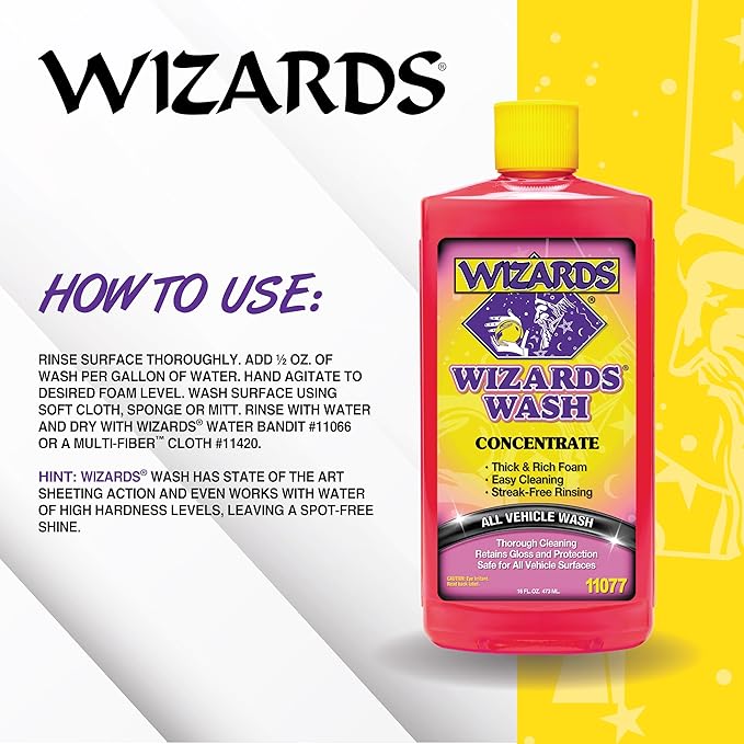 Wizards Car Wash - Super Concentrated Car Wash Soap - No Salt Biodegradable Car Wash Soap With Thick Foam - Exterior Care Products For Marine Use - Foam Cannon Soap For Car Washing Supplies - 16 oz