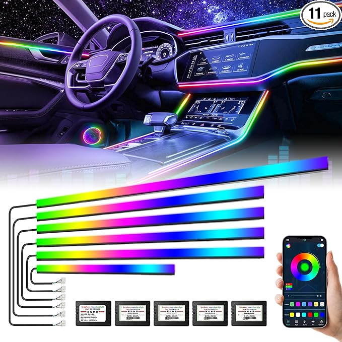 Dreamcolor Acrylic Interior Car Lights, AMKI Car LED Strip Light with Bluetooth APP, Car Ambient Lighting Kit with RGB 6 in 1 and 175 inches 593 LEDs, 16 Million Colors Sound Activated Car Neon Lights