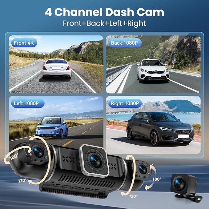 360°View 4 Channel Dash Cam, 4K+1080P Front and Rear Inside Left Right, Dash Camera for Cars, Built-in G-Sensor, IR Night Vision, 24H Parking Mode,64GB SD Card,Loop Recording,Wireless APP Transmission