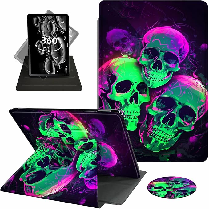 Case for Kindle Scribe,360 Degree Rotating Swivel PU Leather Stand Flip Folio Cover with Auto Wake/Sleep for Amazon Kindle Scribe Cover 10.2 Inch (2024/2022 Release),Green Purple Skull