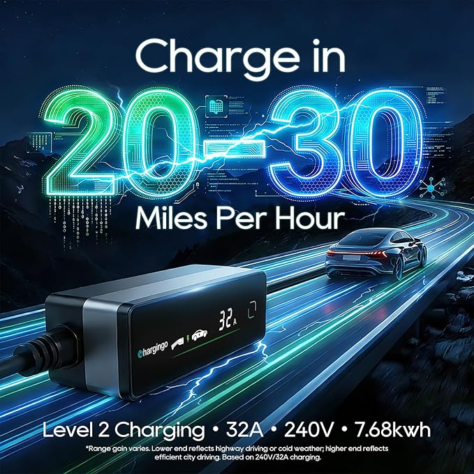 Level 2 EV Portable Charger for Tesla, 32A 240V ETL Certificated,NEMA 14-50,NACS Connector, 25FT Cable, Adjustable 16A-32A, LCD Display, Plug-and-Play Fast Charging Station for Home/Outdoor