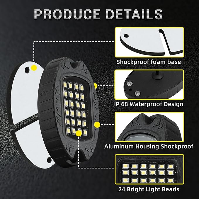 4 Pods Alloy Pure White LED Rock Lights for ATV SUV UTV RZR Trucks Trailer Offroad Pickup Fender, IP68 Waterproof Shockproof 6500K 24LEDs Super Bright White Underglow Kit with Switch Wiring Harness