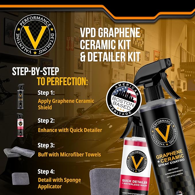 VPD Graphene Ceramic Kit & Detailer Kit - Ultimate Car Detailing Set with Graphene Ceramic Shield, Quick Detailer Waterless Wash, Edgeless Microfiber Towels & Microfiber Sponge Applicator