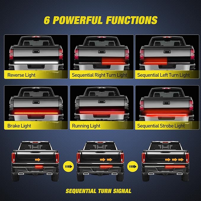 Nilight Truck Tailgate Light Strip 60" Aluminum FrameTriple Row Light Bar 1200 LED w/ Red Running Brake White Reverse Light Red Sequential Turn Signal