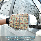 Qilmy Mediterranean Tile Pattern Microfiber Chenille Car Wash Sponge Scratch Free Car Wash Mitt Absorbent Mitt Sponge for Trucks SUVs Car Washing Home Cleaning, Medium