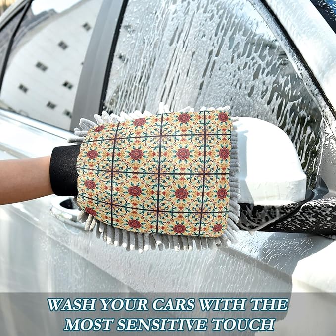 Qilmy Mediterranean Tile Pattern Microfiber Chenille Car Wash Sponge Scratch Free Car Wash Mitt Absorbent Mitt Sponge for Trucks SUVs Car Washing Home Cleaning, Large