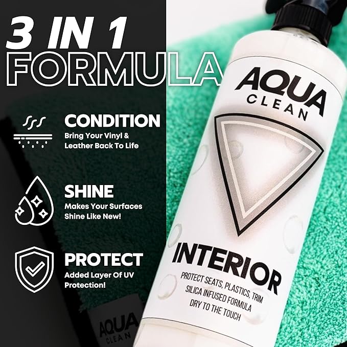 AquaClean INTERIOR Cleaner & Conditioner Spray | Car Truck Boat RV Off-Road | Cleans Conditions Protect Leather Vinyl Plastic Rubber | UV Shield Anti-Static Odor Eliminator Non-Toxic | USA Made | 16oz