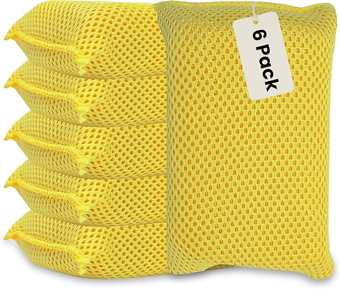 Iconikal 6-Pack Bug Scrubber Sponge 5.9x3.5-Inch Yellow Microfiber Large Car Wash Reusable for Paint Chrome Glass RV Motorcycle Cleaning