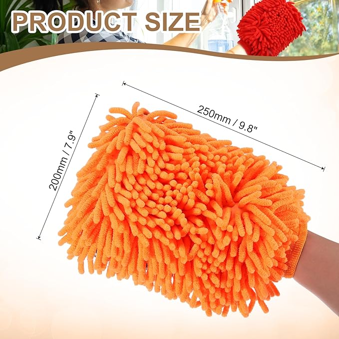 HARFINGTON 2pcs Chenille Microfiber Car Wash Mitts 9.8" x 7.9" Scratch Free Wash Gloves Absorbent Double Sided Plush Cleaning Drying Mitts for Car Washing Home Clean, Orange
