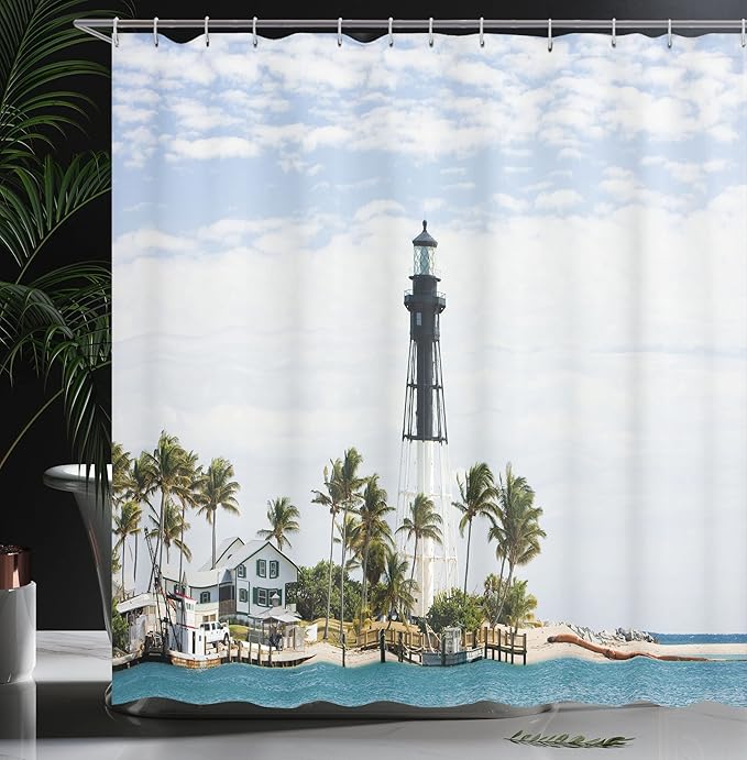 Ambesonne United States Shower Curtain, Hillsboro Lighthouse Pompano Beach Florida Atlantic Ocean Palms Coast, Cloth Fabric Bathroom Decor Set with Hooks, 69" W x 70" L, Blue White Green