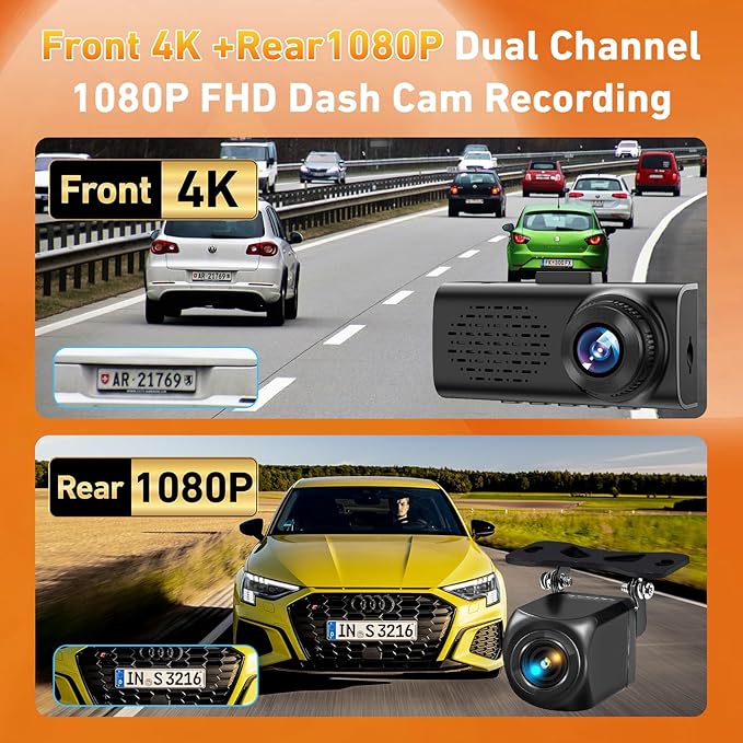 4K Dash Cam Front and Rear, 4K+1080P Dashcam, Dash Camera for Cars with 5GHz WiFi & App Control, GPS, 64GB Card, 24H Parking Monitor, Night Vision, G-Sensor, Loop Recording Dual Car Camera