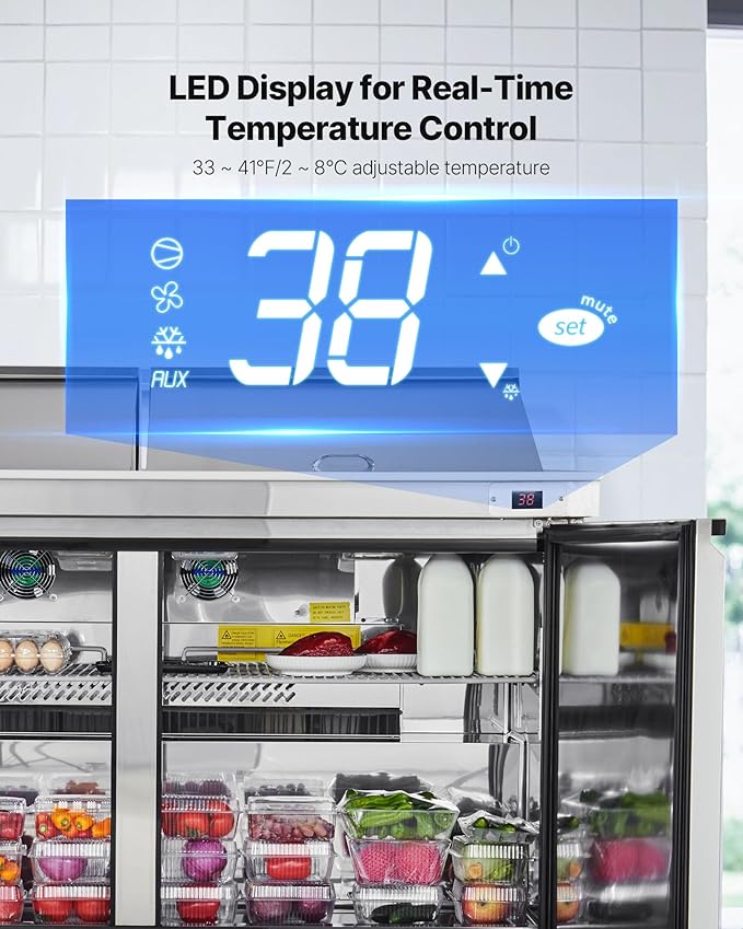 VEVOR 60"W Commercial Refrigerator, 15.4 Cu. Ft Sandwich Prep Refrigerated Table, Mega Top Food Prep Fridge with 24 Pans and Cutting Board, Stainless Steel Salad Prep Cooler for Restaurant, Food Truck