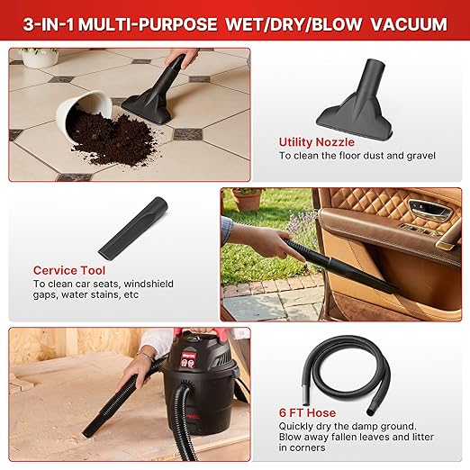 Shop-Vac 1.5 Gallon 2.0 Peak Wet/Dry Vacuum, Small Portable Shop Vacuum with Attachments, Mini Shop Vac for Garage, Car, Home and Pet